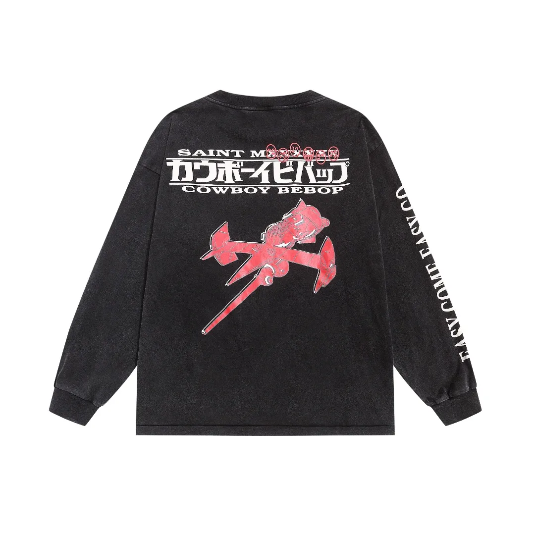SAINT Michael EASY COME interstellar denim washed damaged loose long-sleeved T-shirt Fabric: 260g Style number: SM03 Size: S-M-L-XL Color: Black Price: P156